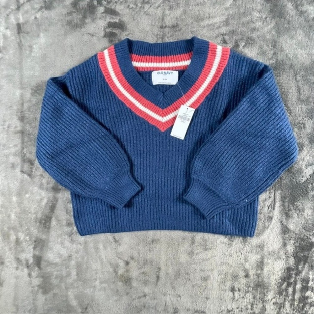 Old Navy SoSoft Navy Blue Varsity Striped V-Neck Sweater Kids XS 5 903201-00-1